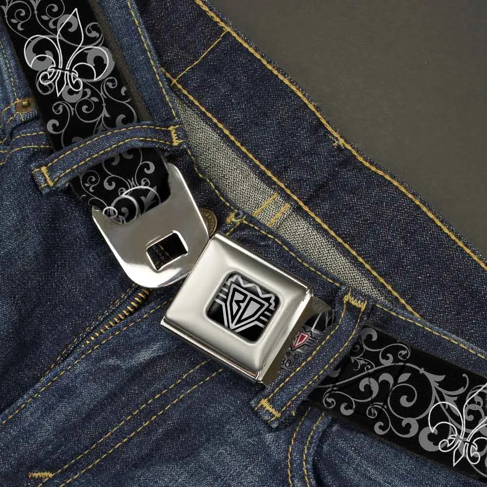 BD Wings Logo CLOSE-UP Full Color Black Silver Seatbelt Belt - Fleur-de-Lis Outline w/Filigree Black/Gray Webbing