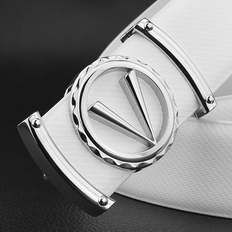 White Leather V-Buckle Belt - Stylish Men's Accessory